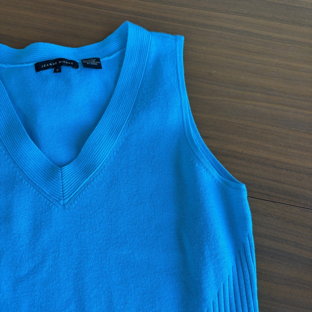 90s Vintage Jeanne Pierre Knit Tank Sweater S Blue V Neck Ribbed Preppy Fairy - Picture 8 of 11